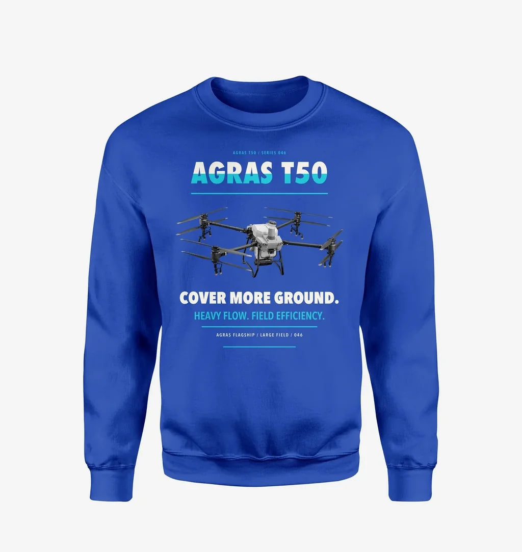 DJI Agras T50 design on blue sweatshirt