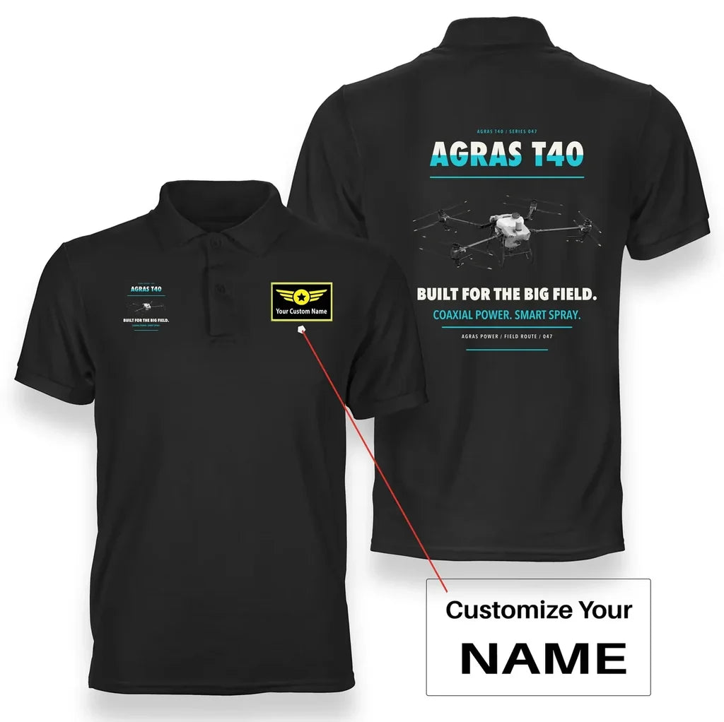 DJI Agras T40 design on black polo with custom name badge