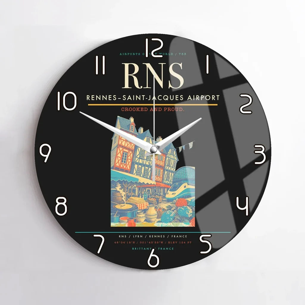 Rennes–Saint-Jacques Airport (RNS) design on black no frame wall clock