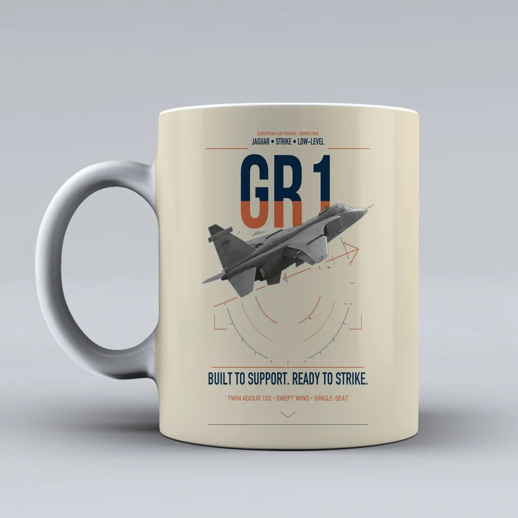 SEPECAT Jaguar GR1 design on beige ceramic mug, double-side print