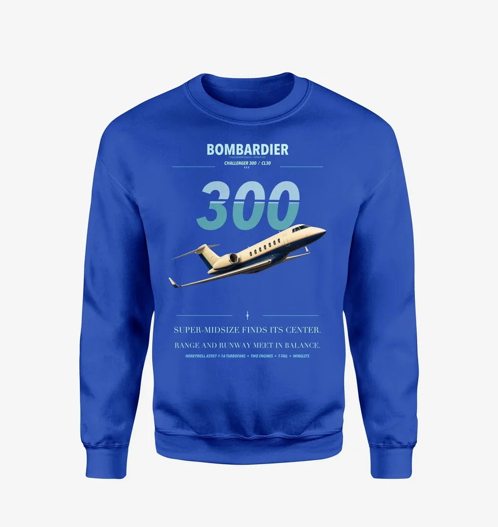 Bombardier Challenger 300 design on blue sweatshirt