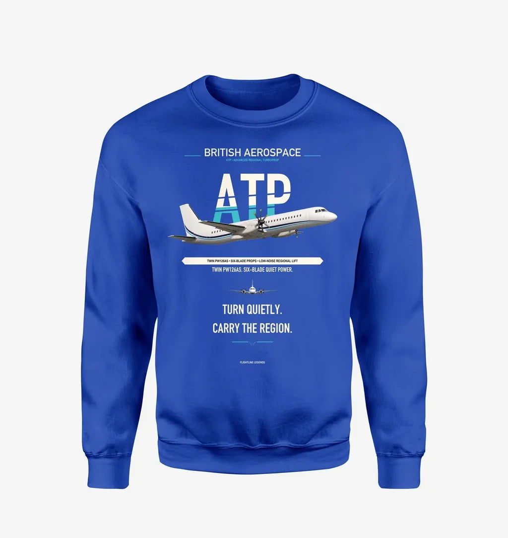 British Aerospace ATP design on blue sweatshirt