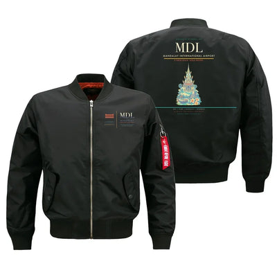 Mandalay International Airport (MDL) design on black bomber jacket