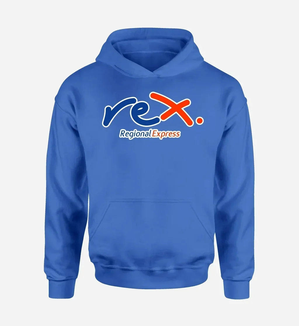 Rex Airlines logo printed on blue hoodie
