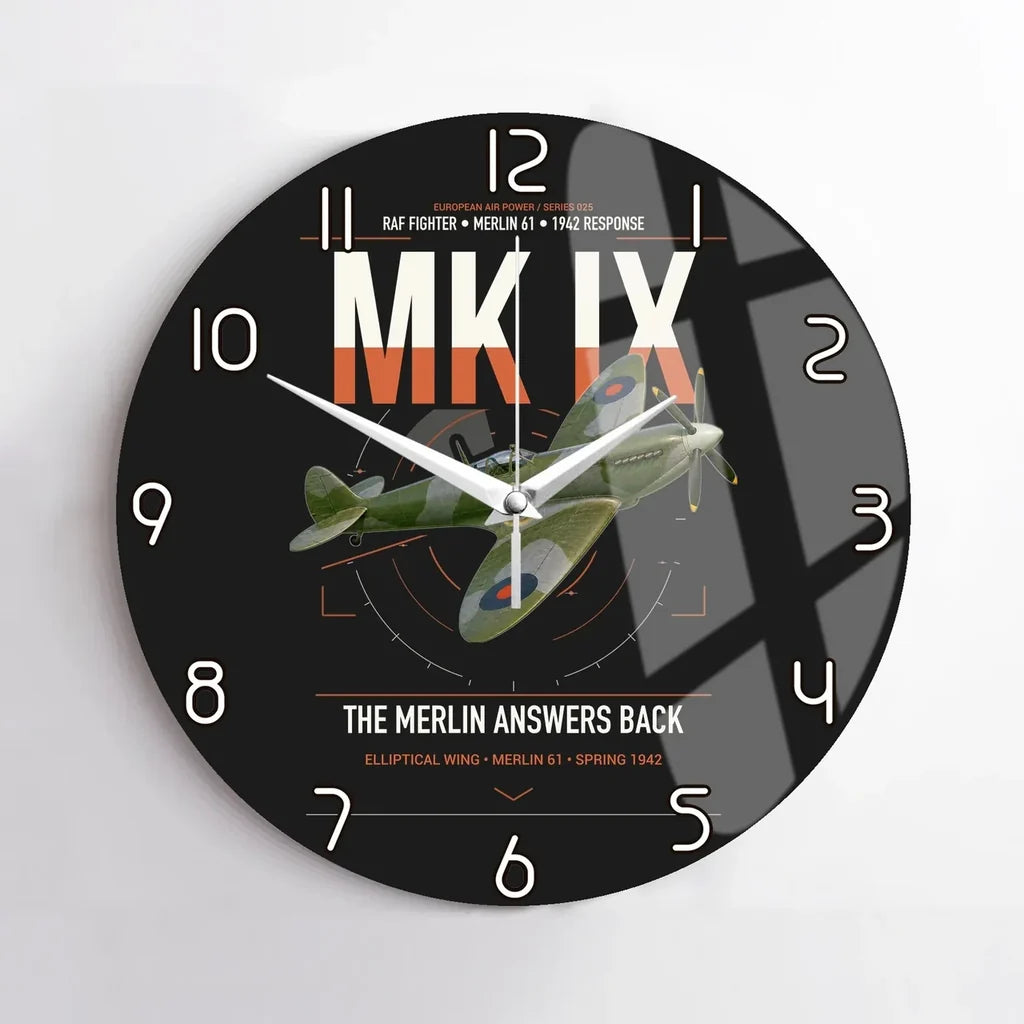 Supermarine Spitfire Mk IX design on black no frame wall clock