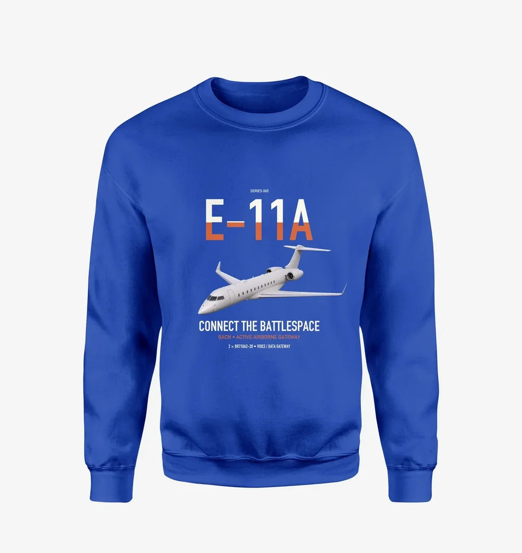 E-11A BACN design on blue sweatshirt