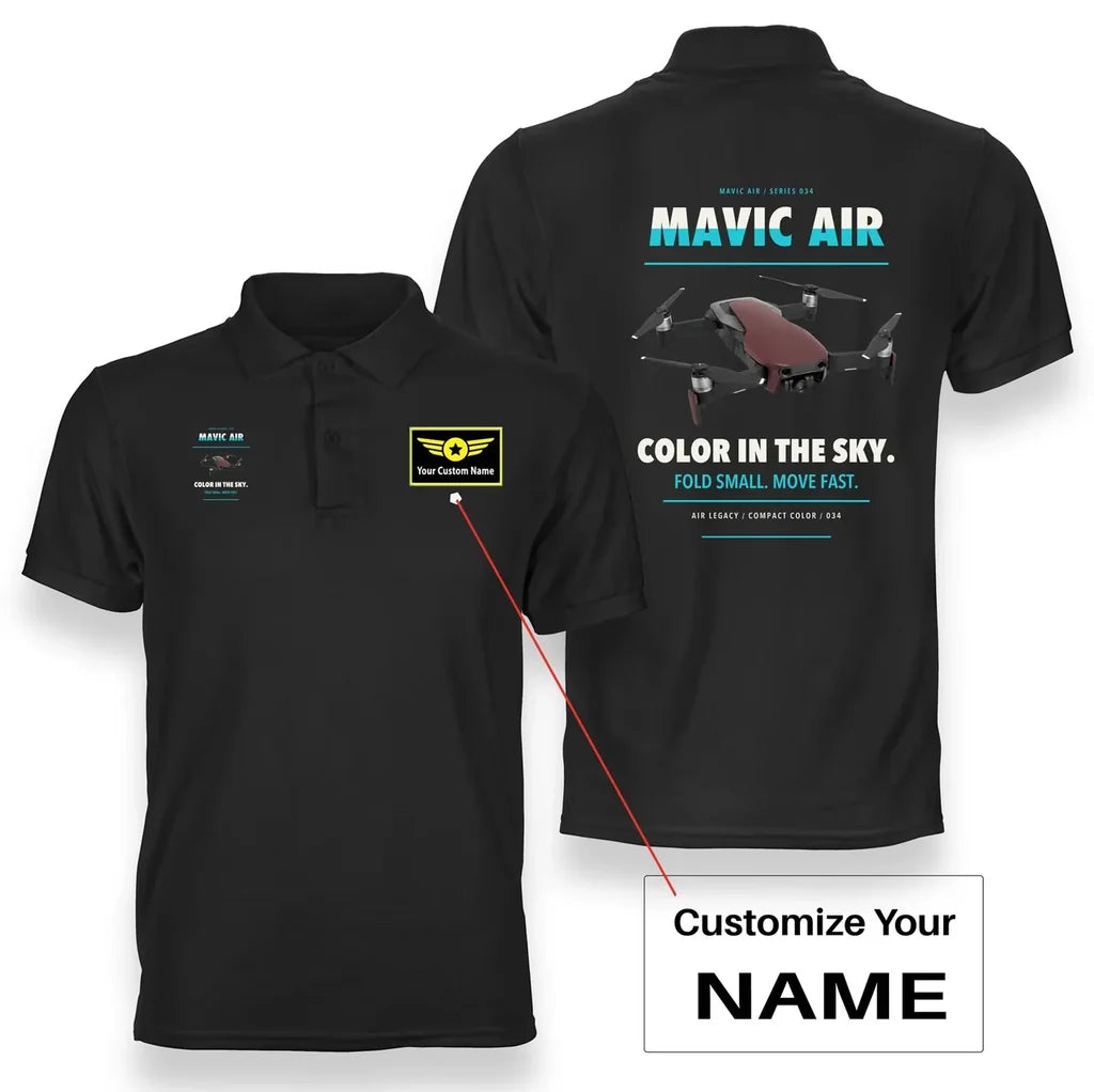 DJI Mavic Air design on black polo with custom name badge