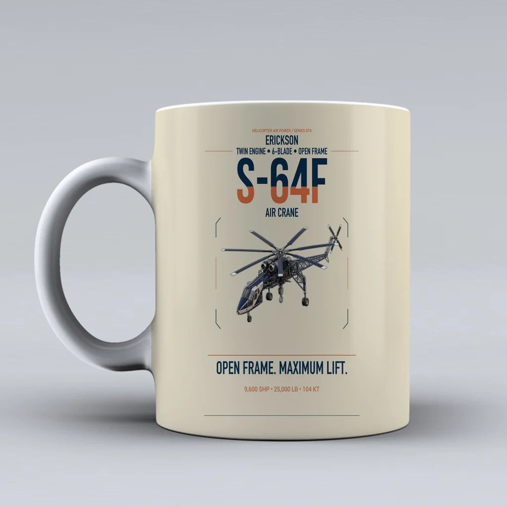 Erickson S-64F Air Crane design on beige ceramic mug, double-side print