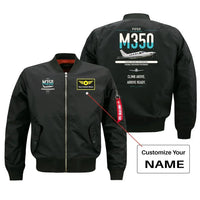 Thumbnail for Piper M350 design on black+name bomber jacket, double-side print