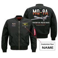 Thumbnail for MQ-9A Reaper design on black+name bomber jacket, double-side print