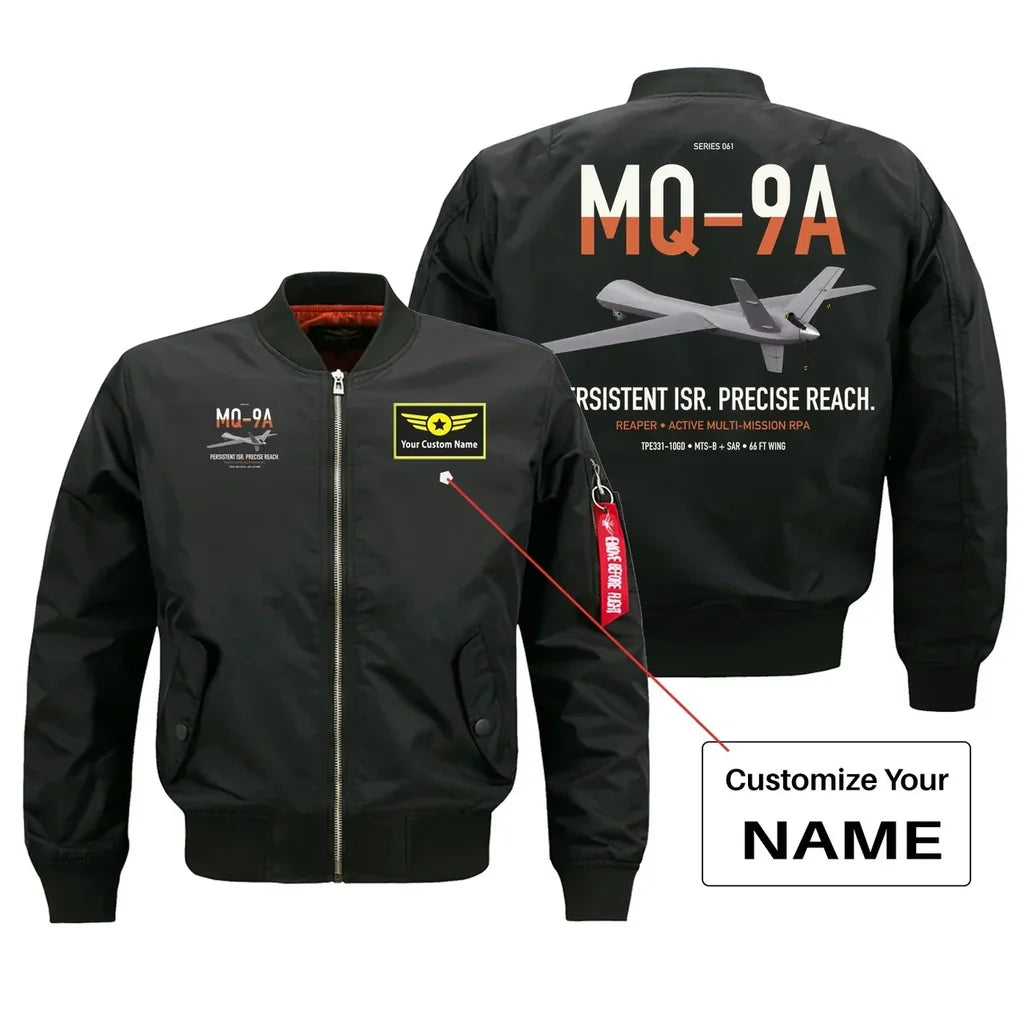 MQ-9A Reaper design on black+name bomber jacket, double-side print