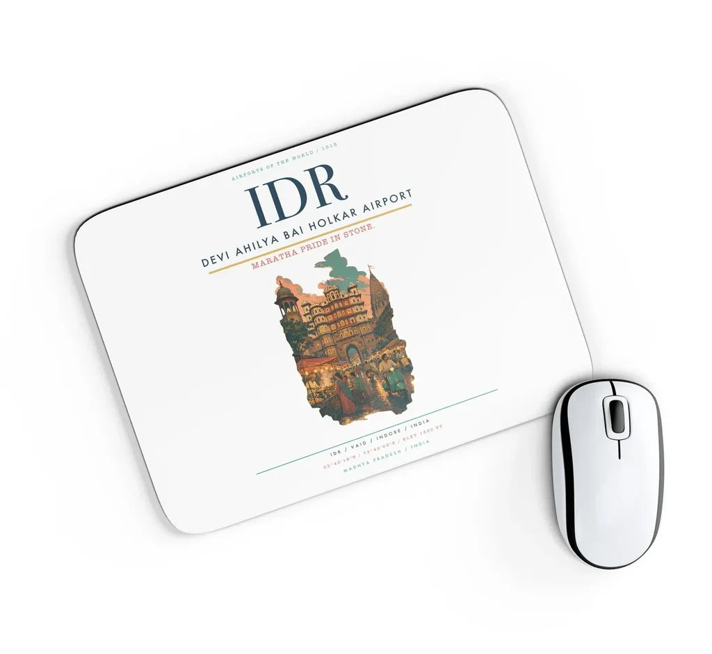 Devi Ahilya Bai Holkar Airport (IDR) design on white rectangle mouse pad