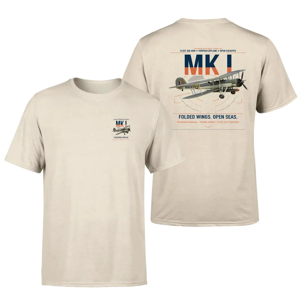 Fairey Swordfish Mk I design on beige t-shirt, double-side print