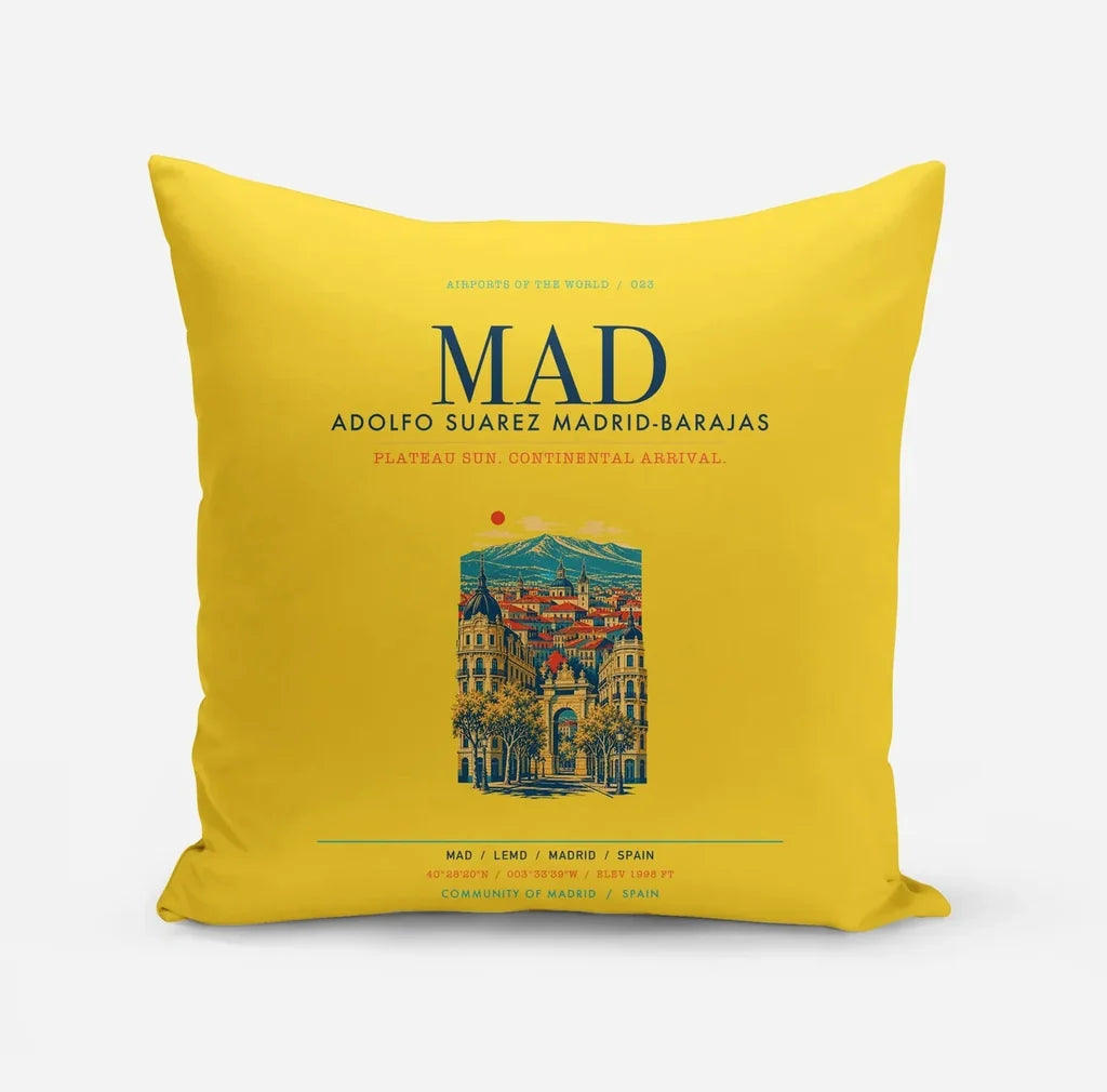 Adolfo Suarez Madrid-Barajas Airport (MAD) design on yellow pillow