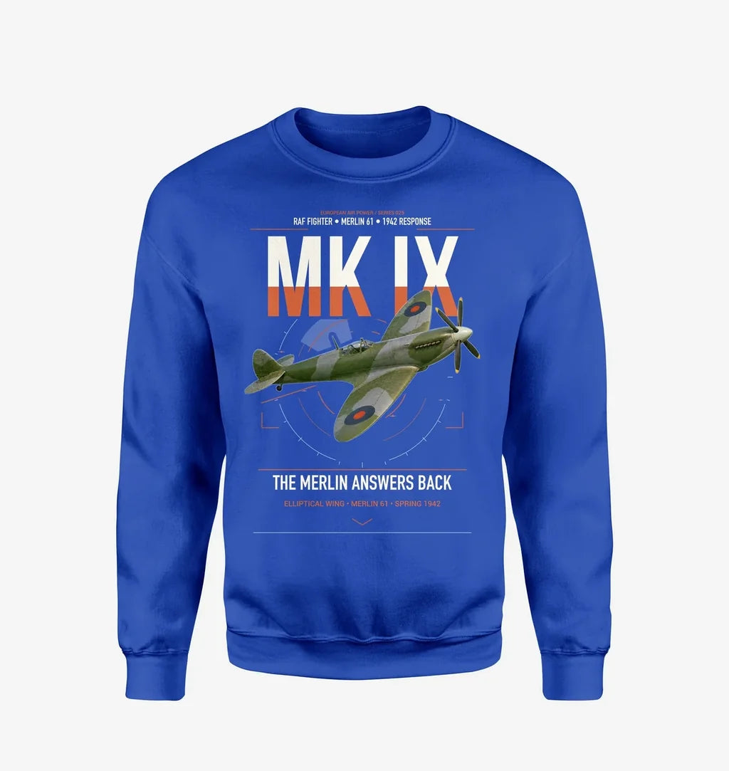 Supermarine Spitfire Mk IX design on blue sweatshirt
