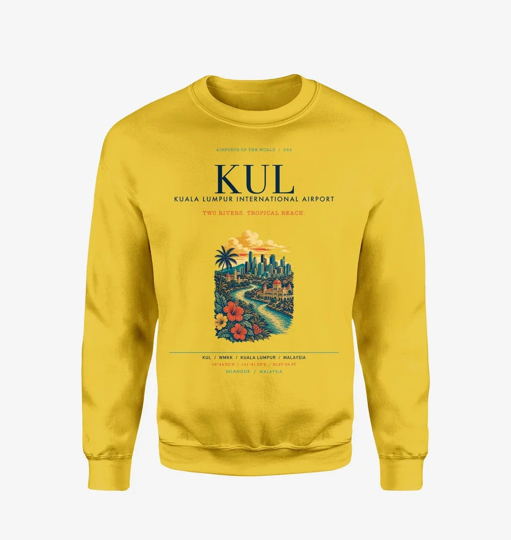 Kuala Lumpur International Airport (KUL) design on yellow sweatshirt