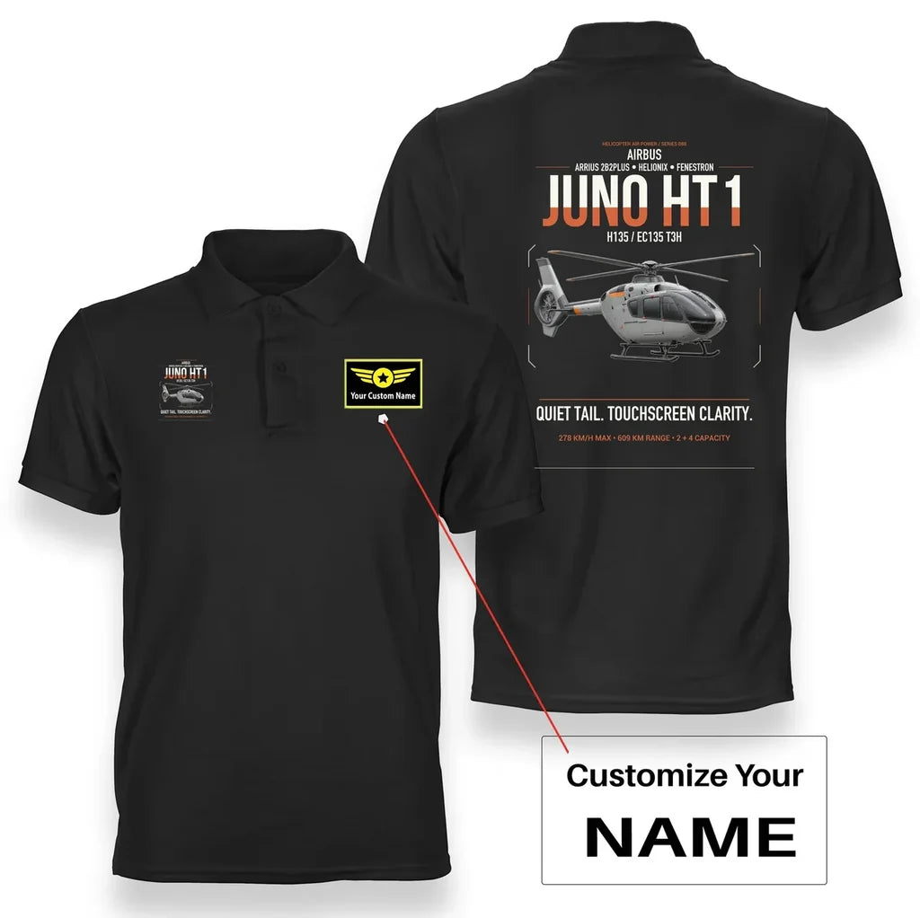 Airbus H135 Juno HT1 design on black+name double-side polo t-shirt, double-side print