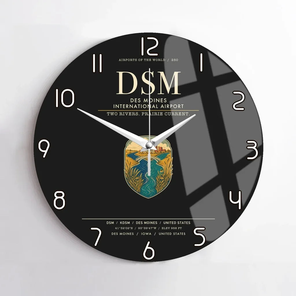 Des Moines International Airport (DSM) design on black no frame wall clock