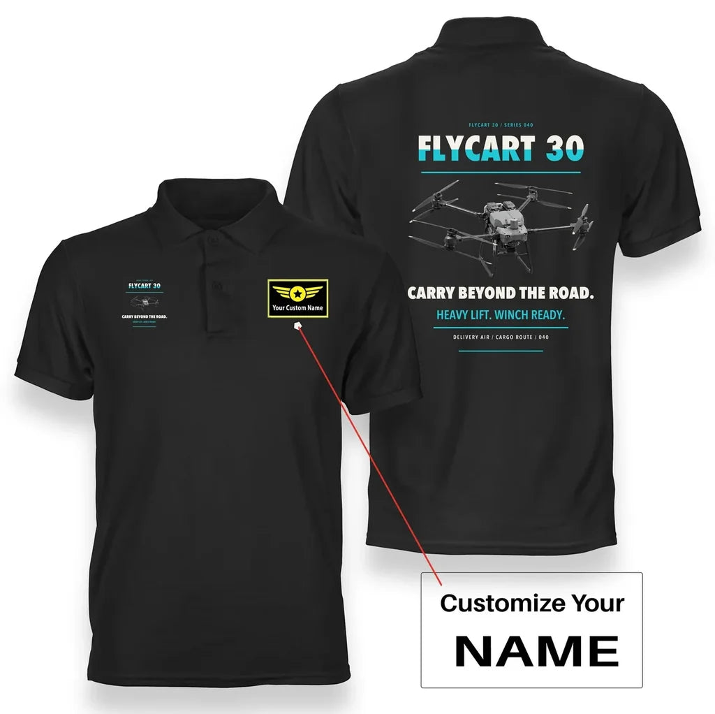 DJI FlyCart 30 design on black polo with custom name badge