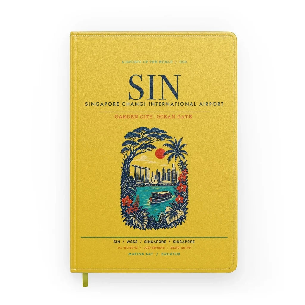 Singapore Changi International Airport (SIN) design on yellow notebook