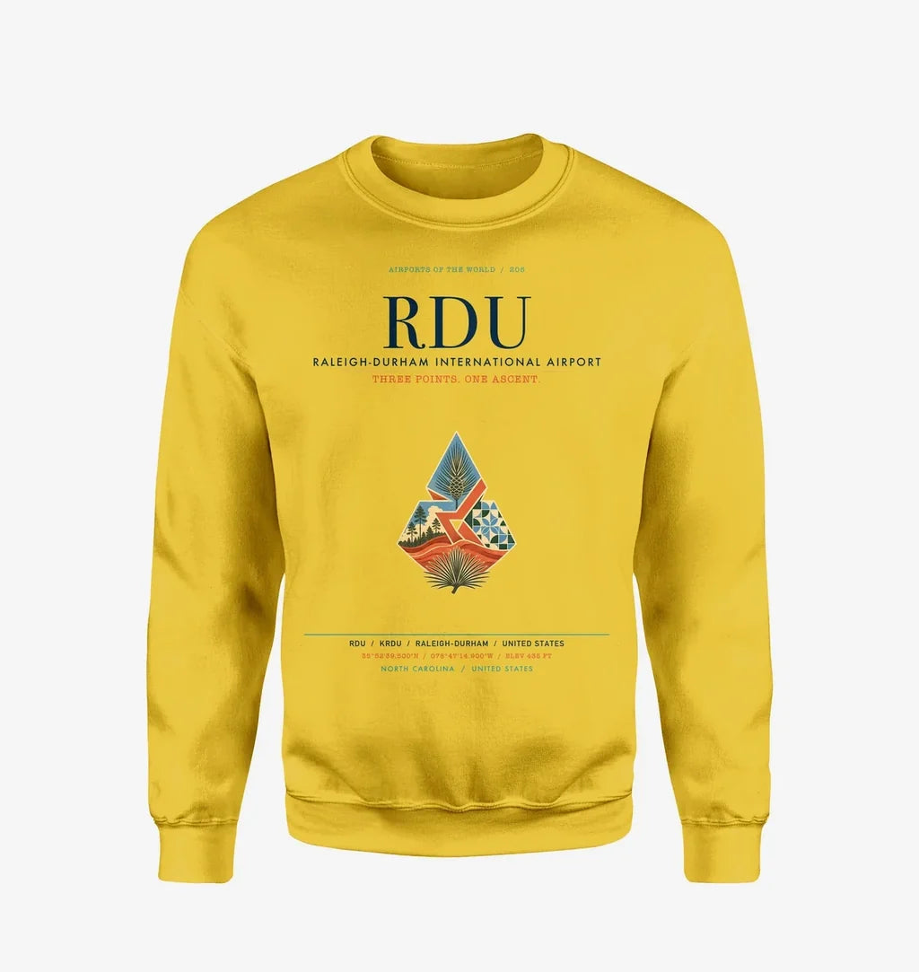 Raleigh-Durham International Airport (RDU) design on yellow sweatshirt
