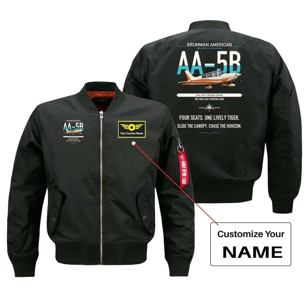 Grumman American AA-5B Tiger design on black+name bomber jacket, double-side print