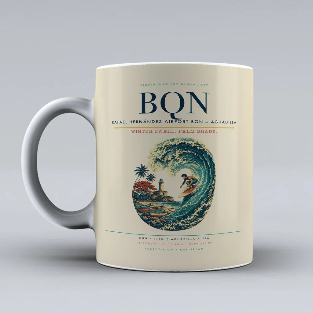 Rafael Hernández Airport (BQN) airport code design on beige ceramic mug