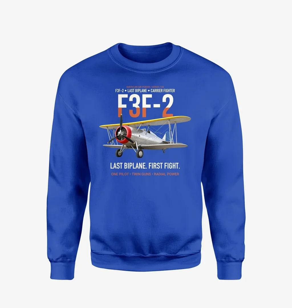 F3F-2 Last Biplane First Fight design on blue sweatshirt