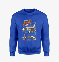 Thumbnail for How Planes Fly V2 design on blue sweatshirt