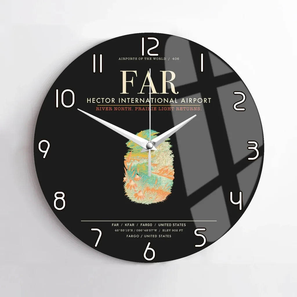 Hector International Airport (FAR) design on black no frame wall clock