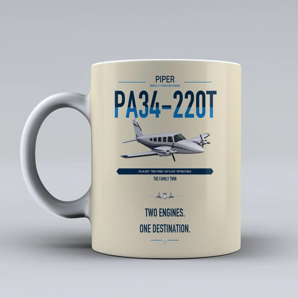Piper PA-34-220T Seneca V design on beige ceramic mug, double-side print
