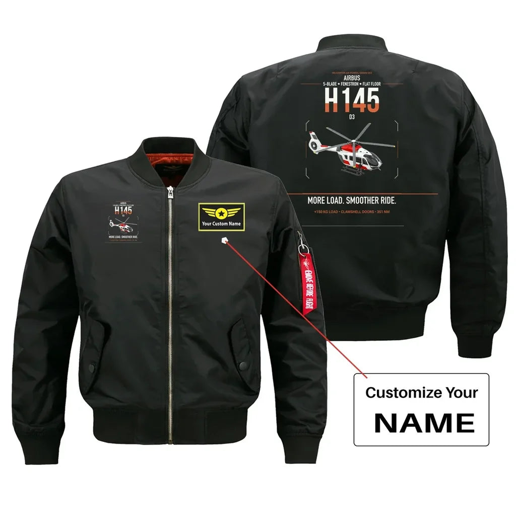 Airbus H145 D3 design on black+name bomber jacket, double-side print