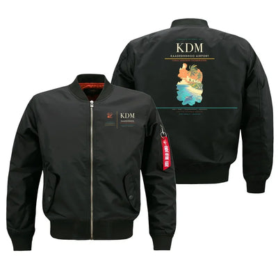 Kaadedhdhoo Airport (KDM) design on black bomber jacket