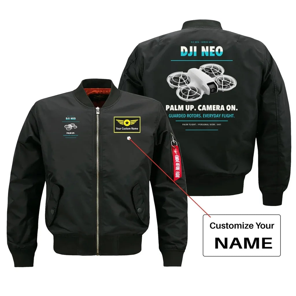 DJI Neo design on black bomber with custom name badge