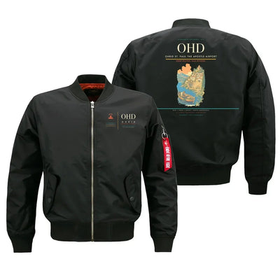 Ohrid St. Paul the Apostle Airport (OHD) design on black bomber jacket