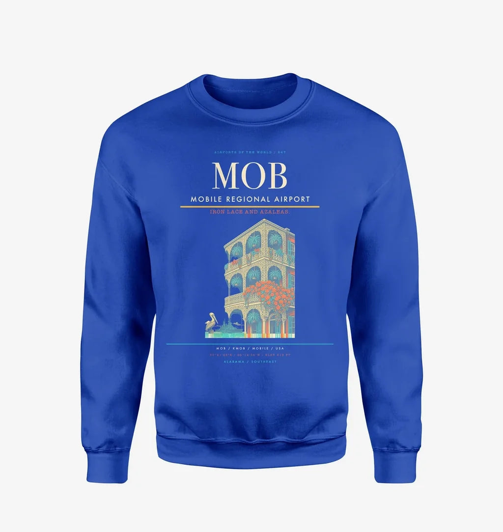 Mobile Regional Airport (MOB) design on blue sweatshirt