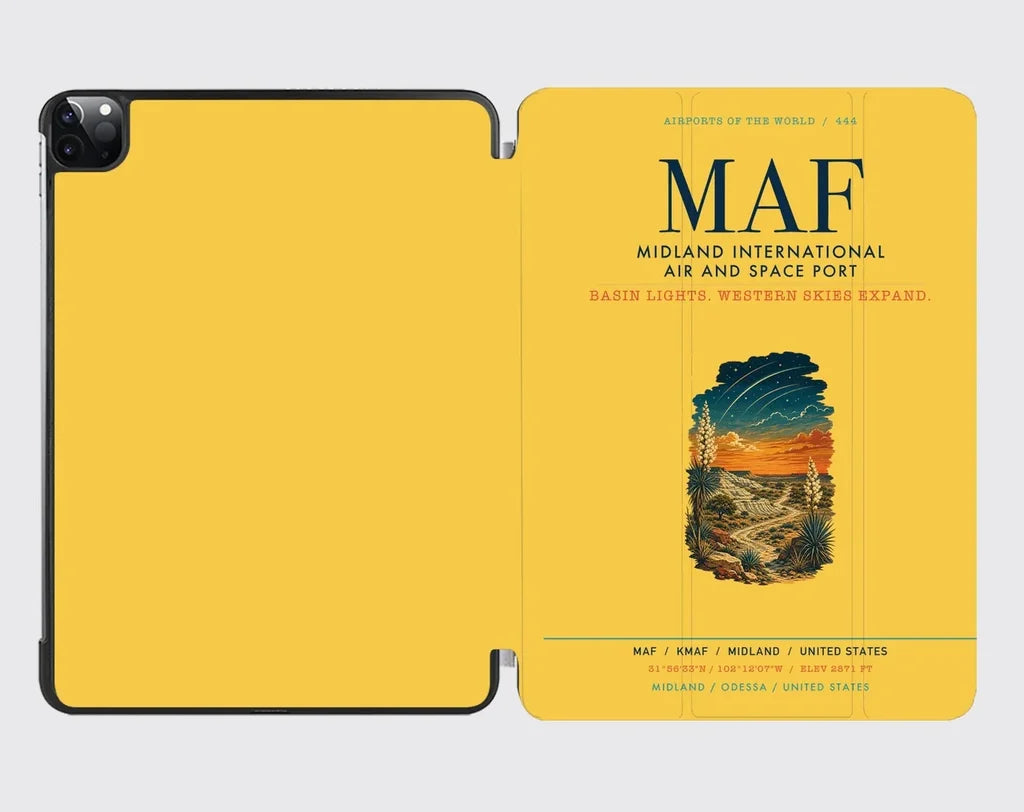 Midland International Air and Space Port (MAF) design on yellow ipad tablet case