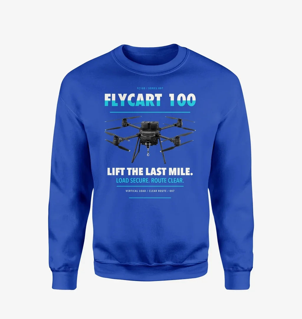 DJI FlyCart 100 design on blue sweatshirt