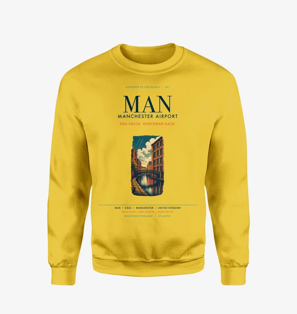 Manchester Airport (MAN) design on yellow sweatshirt
