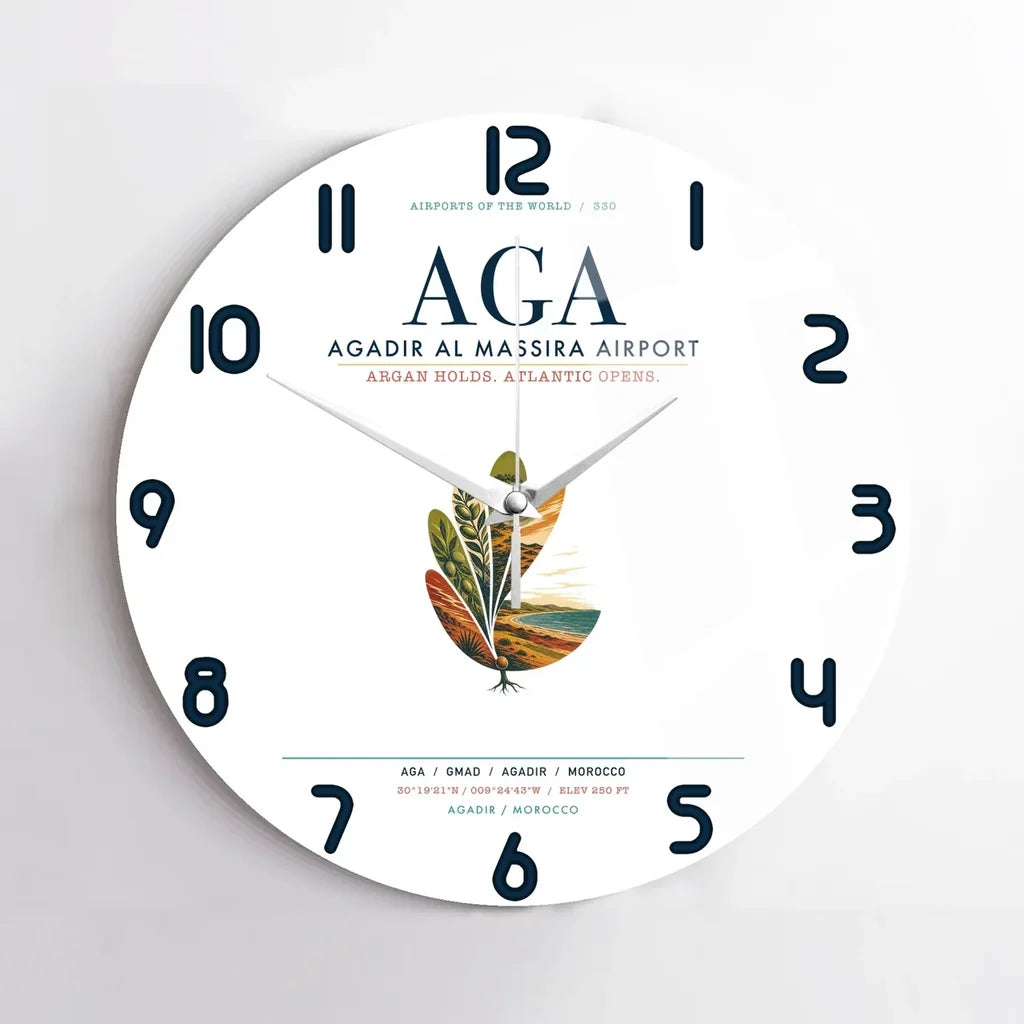 Agadir Al Massira Airport (AGA) design on white no frame wall clock