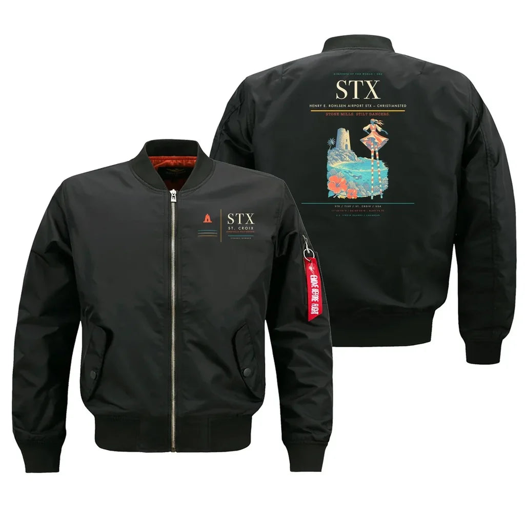 Henry E. Rohlsen Airport (STX) design on black bomber jacket