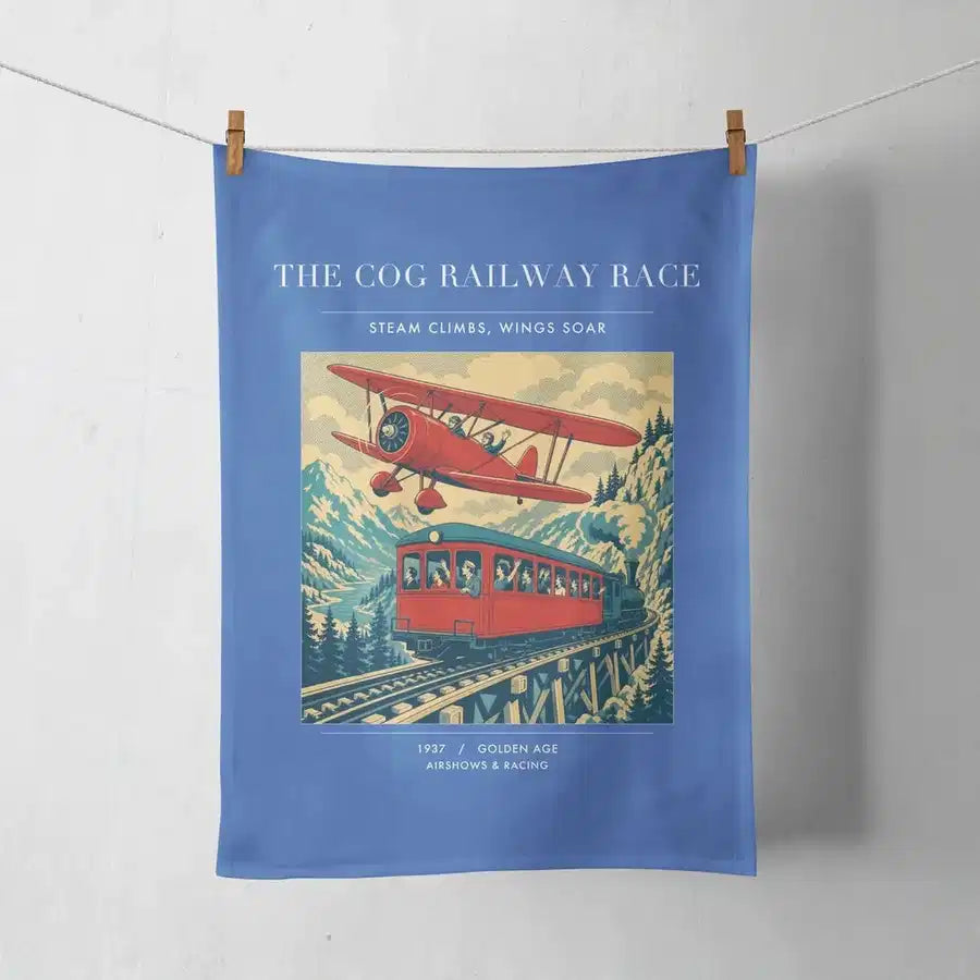 VINTAGE G4347 - The Cog Railway Race - Designed Towels design on blue