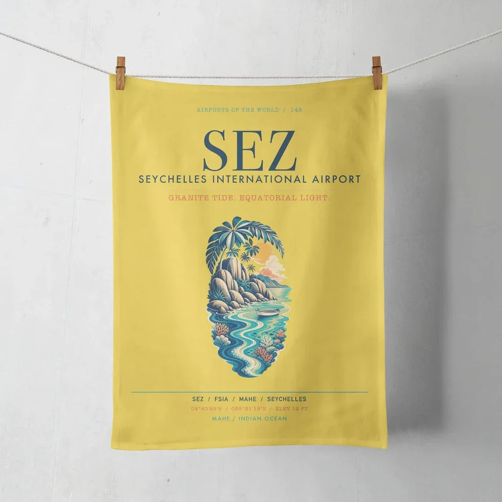 Seychelles International Airport (SEZ) design on yellow towel