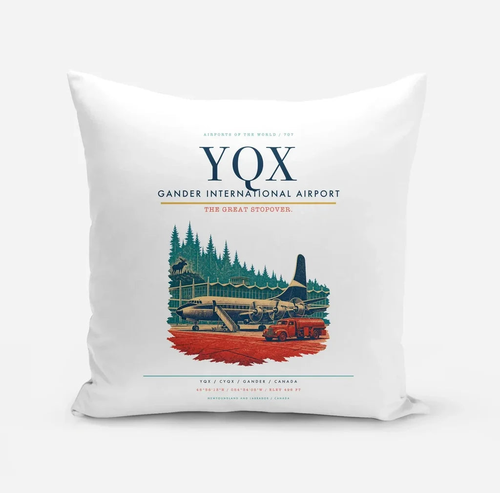 Gander International Airport (YQX) design on white pillow