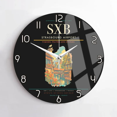 Strasbourg Airport (SXB) design on black no frame wall clock