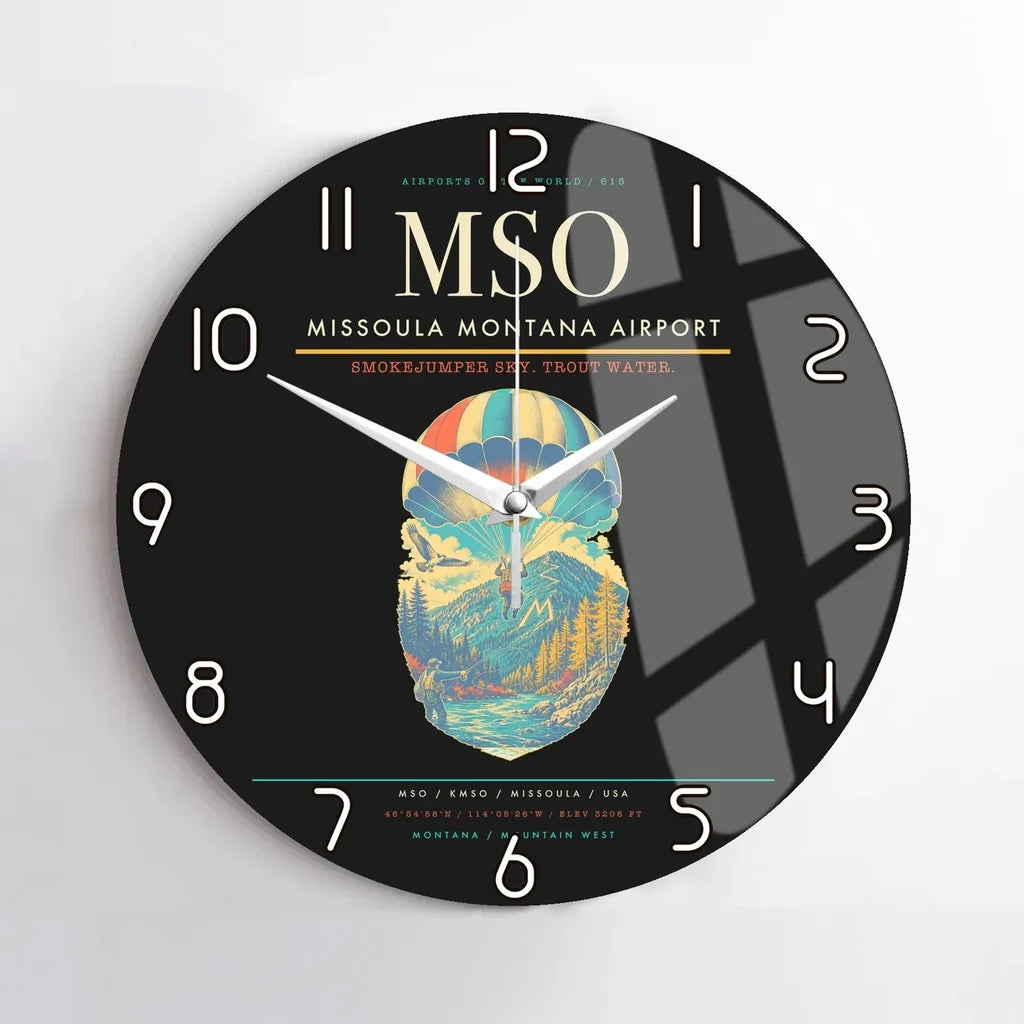 Missoula Montana Airport (MSO) design on black no frame wall clock
