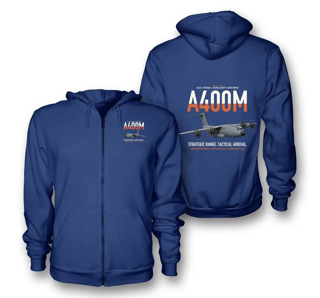 Airbus A400M Atlas design on blue premium zipped hoodie, double-side print
