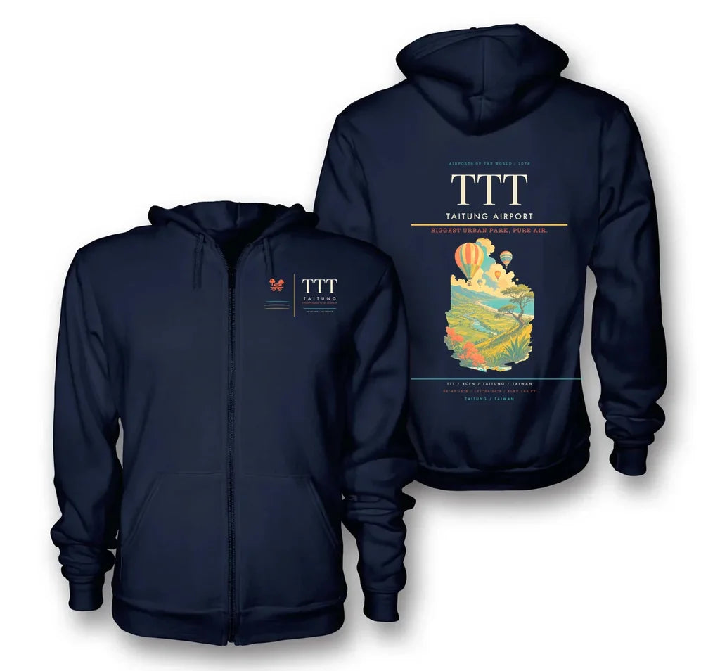 Taitung Airport (TTT) design on navy blue premium zipped hoodie