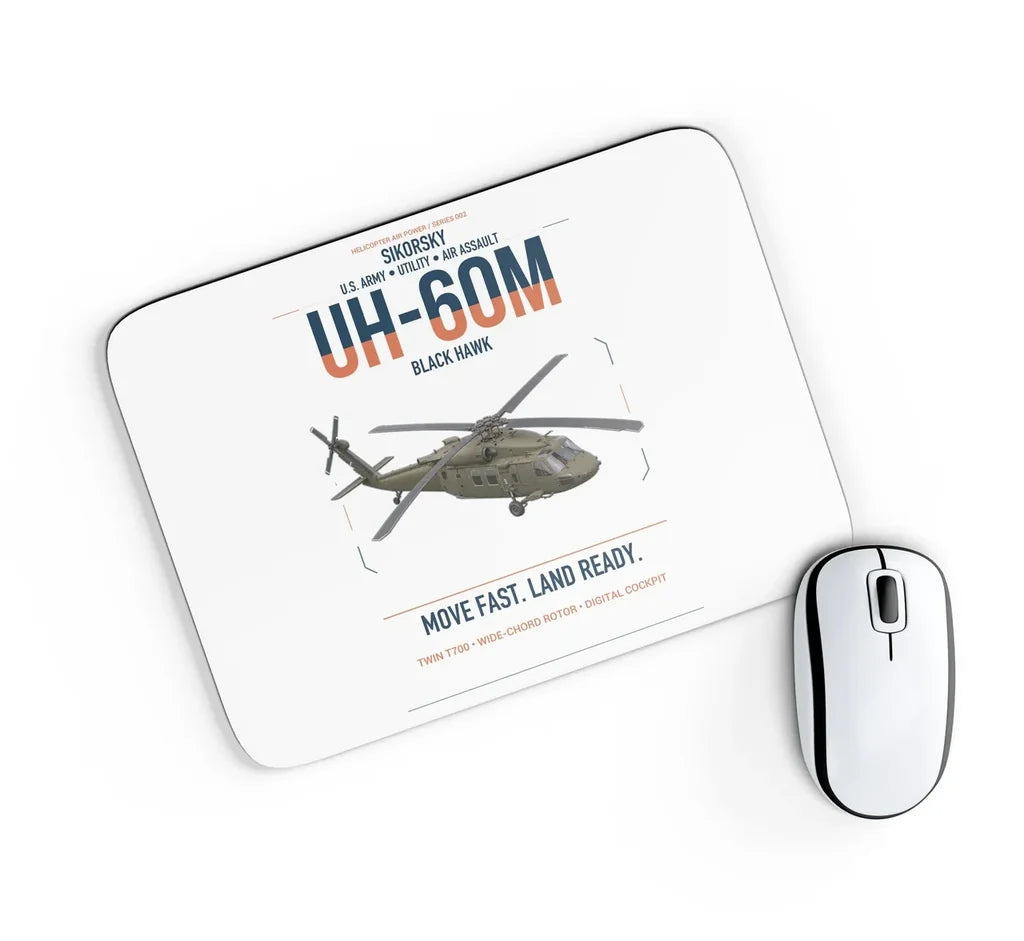 Sikorsky UH-60M Black Hawk design on white rectangle mouse pad