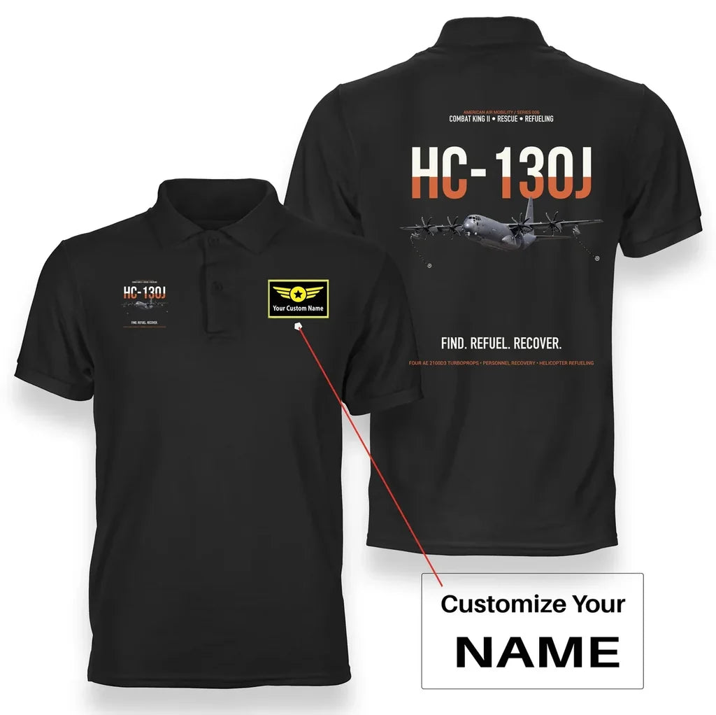 HC-130J COMBAT KING II design on black+name double-side polo t-shirt, double-side print
